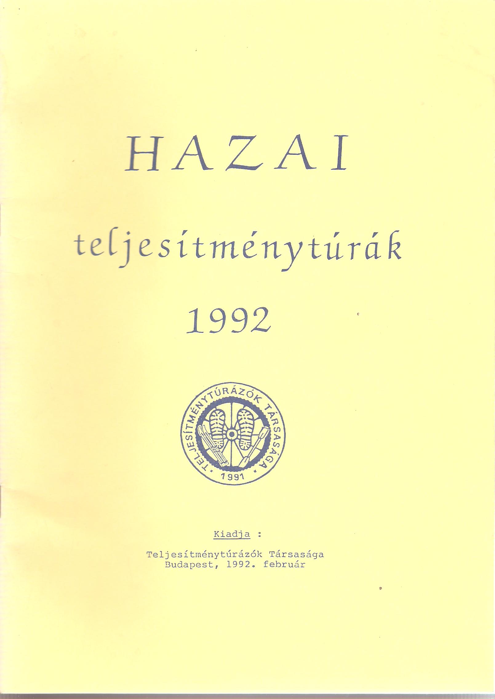Teljesítménytúra Naptár címlap 1992